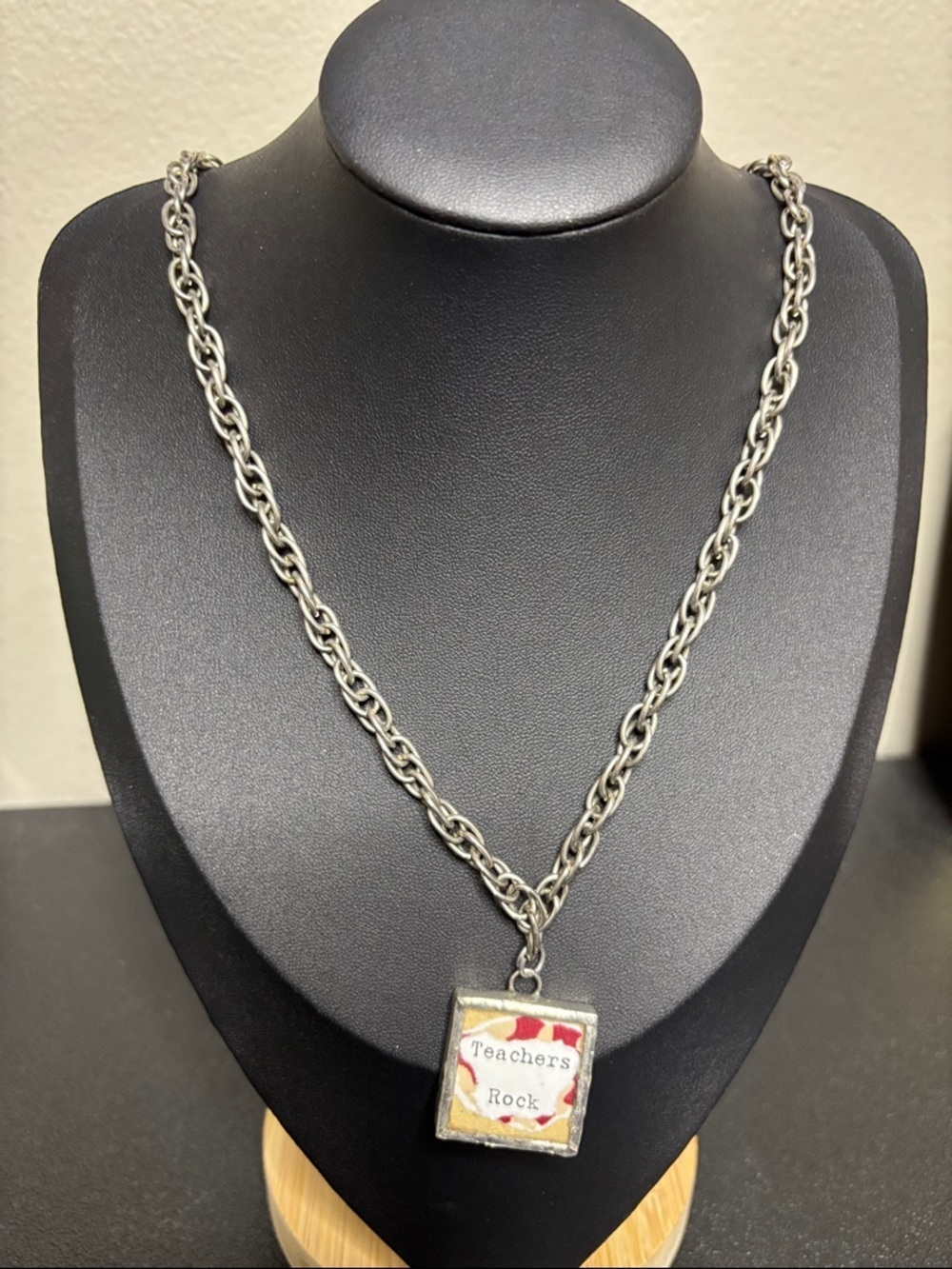 Handcrafted Teachers Rock Pendant Silver Tone Chain Gift School